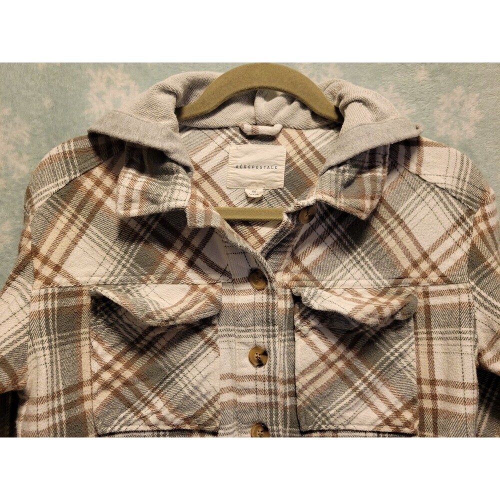 Y2K Aeropostale Womens XS Cropped Plaid Flannel Hoodie Shirt Bella Twilight Prep